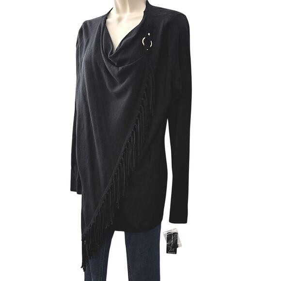 NWT INC Black Fringe Shawl Drape Front Top Long Sleeve Shoulder Buckle - Picture 3 of 16